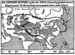 The CHINESE EMPIRE under the TANG Dynasty (greatest
extent) [Superimposed—The Roman Empire at its greatest extent, under
Trajan.