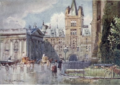 CAIUS COLLEGE AND THE SENATE HOUSE FROM ST. MARY’S
PASSAGE

On the left is the Senate House, built 1772-30. The building facing the
spectator is the South Front of Gonville and Caius College by Waterhouse
(1870). Through the railings on the right is the Tower of Great St.
Mary’s. The street is King’s Parade.