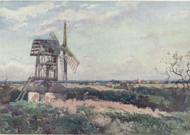 MADINGLEY WINDMILL

This old ruin is on a hill near Madingley, about four miles from
Cambridge. A great sweep of Fen Country is seen in the far distance. The
long range of red buildings in the middle distance is Girton College. On
a clear day Ely Cathedral can be seen from the left of the windmill.