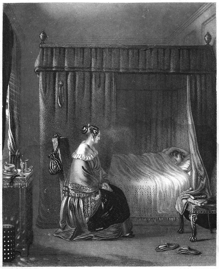 a woman sits in a chair by a bedside with a sleeping man