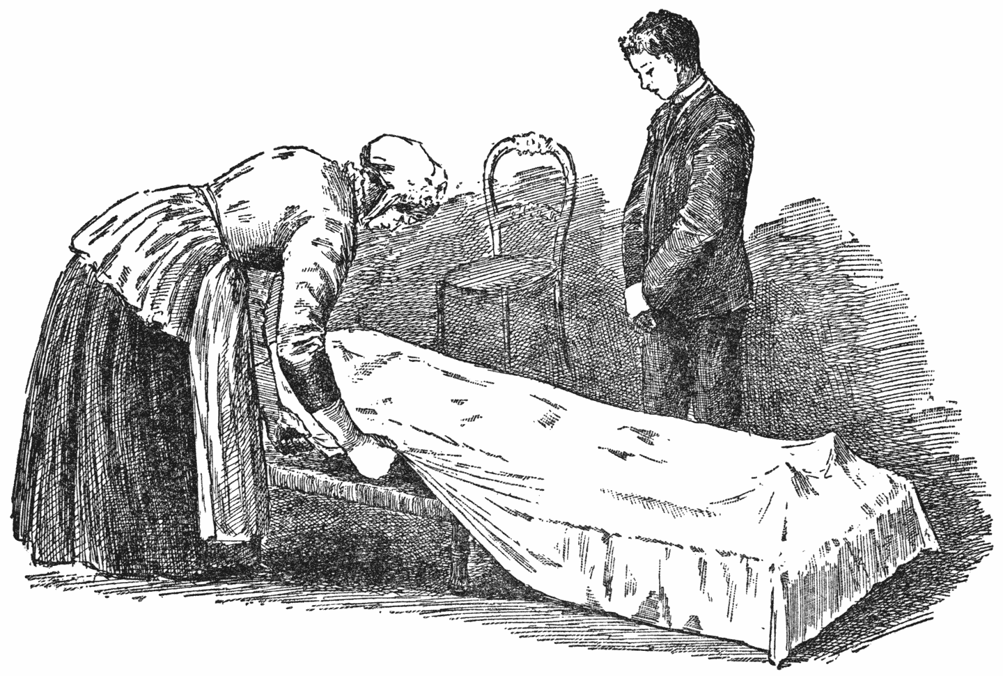 Leekten uit haar oude oogen groote, glinsterende tranen op het witte laken.