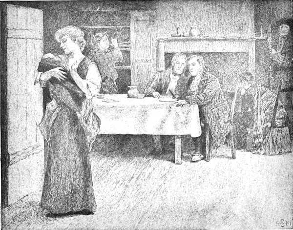 A woman bearing a baby, maybe even feeding it. In the background
a few men are seated at the table and standing by the fireplace