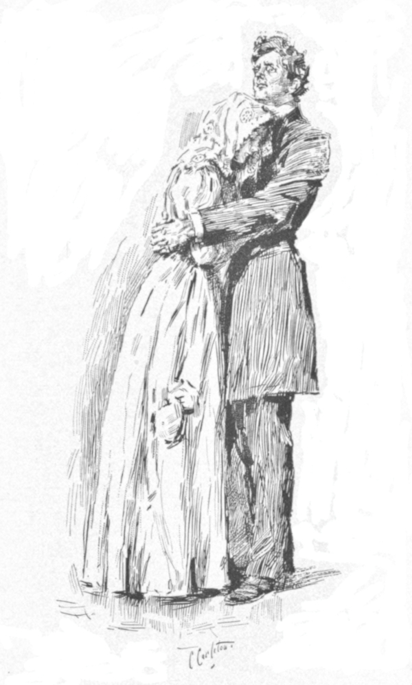 A young woman, poorly recognisable becaus of the scarf around her head,
is held in the arms of a gentleman. The man is wearing formal clothes
