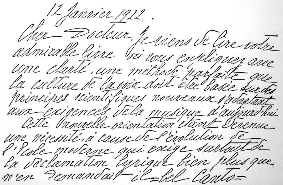 Facsimile of madame calvé’s endorsement of “the scientific culture of the voice” (translated in text)
