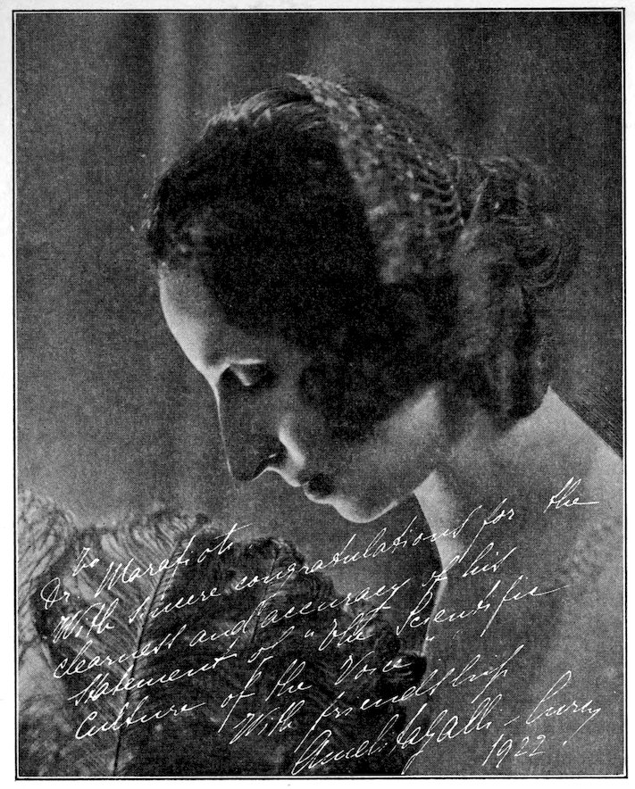 Black and white profile portrait of soprano Amelita Galli-Curci from 1922, featuring a handwritten English dedication and signature to Dr. Marafioti praising his work on voice culture.