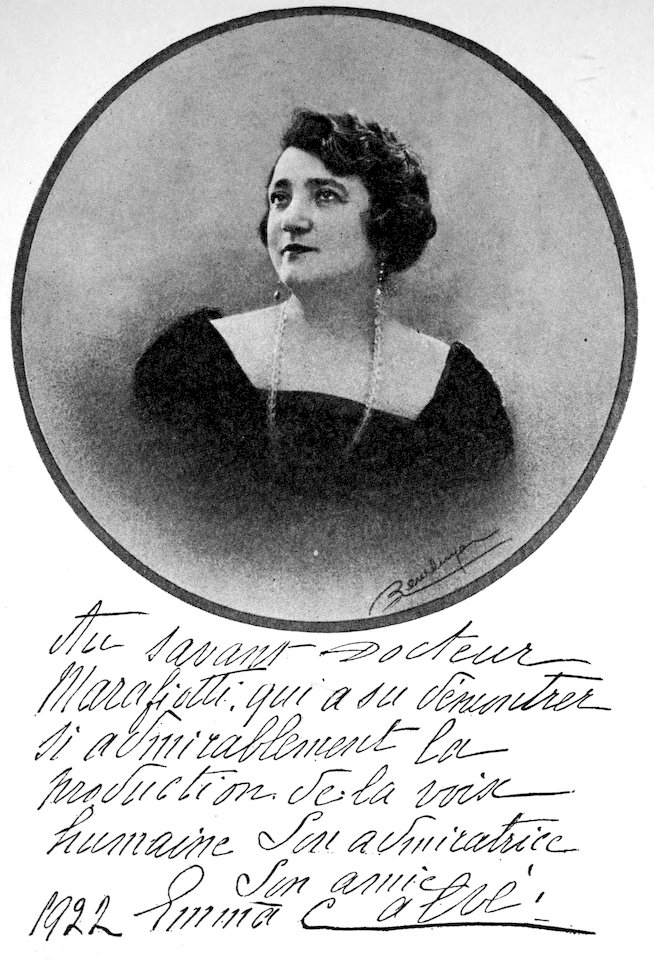 Circular black and white portrait of operatic soprano Emma Calvé from 1922, accompanied by a handwritten French dedication to Dr. Marafioti praising his demonstration of human voice production.
