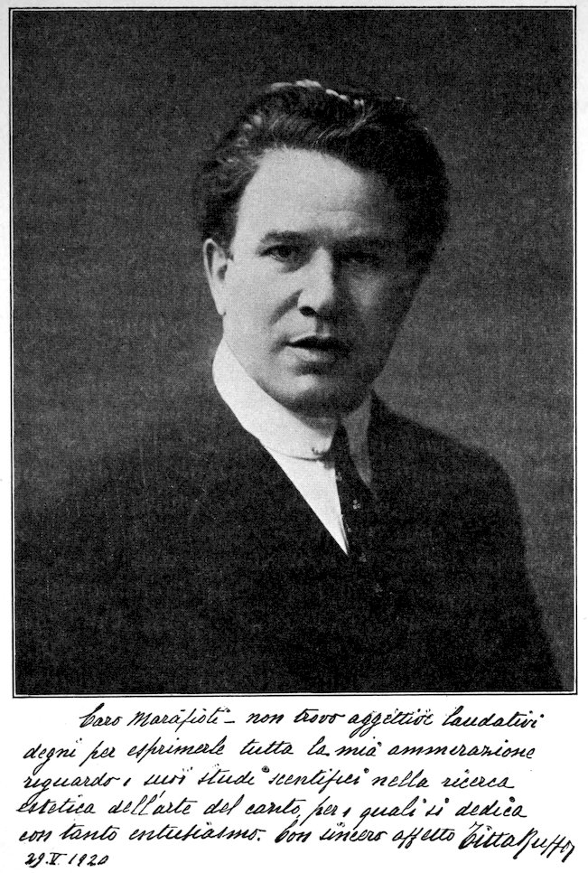 Black and white portrait of baritone Titta Ruffo from 1920, with a handwritten Italian dedication and signature to Dr. Marafioti praising his scientific research into the aesthetics of singing.