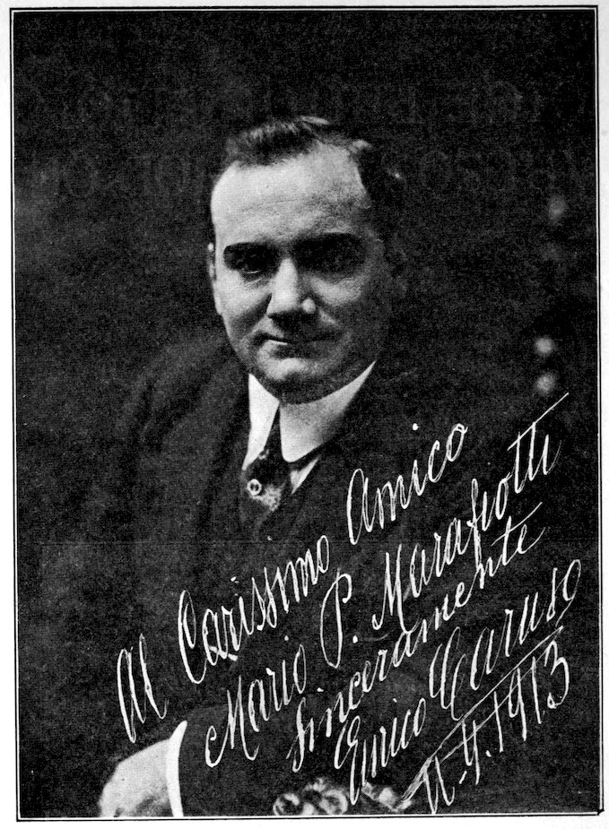 Black and white portrait of Enrico Caruso from 1913, featuring a handwritten Italian dedication and signature to Mario P. Marafioti in the bottom right corner.