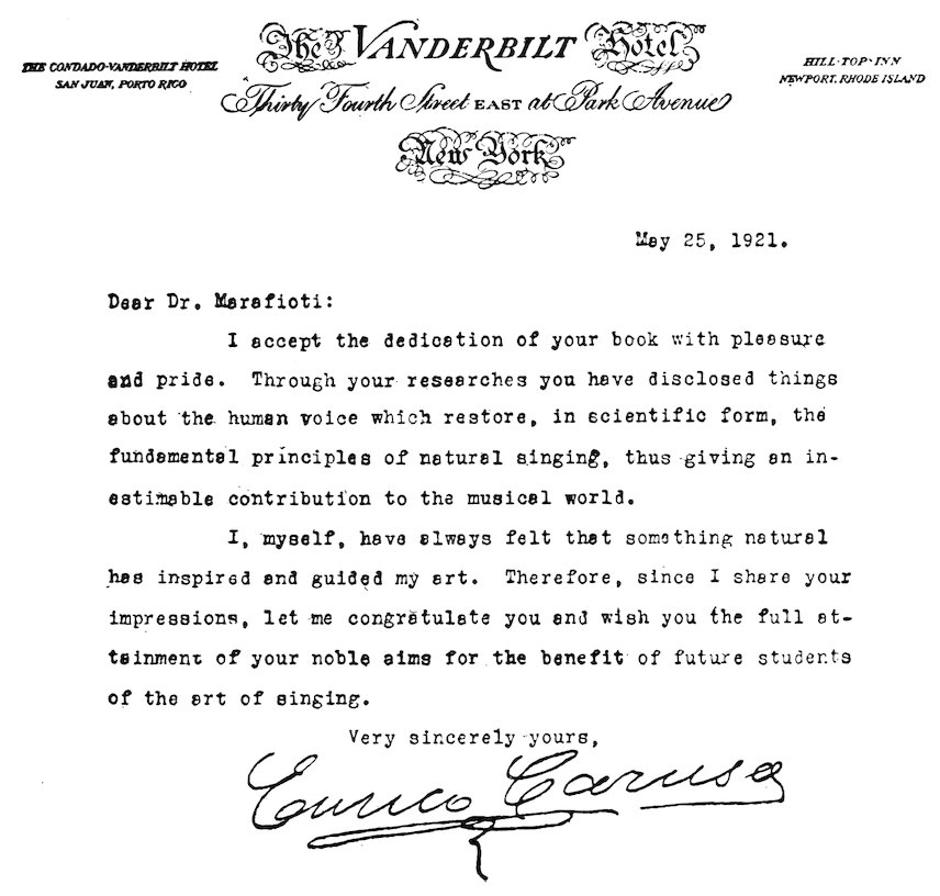 A typed letter from Enrico Caruso to Dr. Marafioti, dated May 25, 1921, on Vanderbilt Hotel stationery, accepting the dedication of Marafioti's book and praising his scientific research into natural singing.