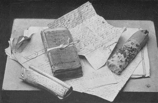 SOME OF THE MANUSCRIPTS:
Court papers in Miller vs. Belmonti. Letter from Suzanne. The "Alix MS."
Louisa Cheval's letter. Francois's Pages. The War Diary (underneath).