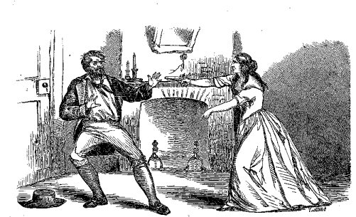 "And drawing a pistol, which some freak had caused her to conceal in her
dress, she made it ready, and, with her finger on the trigger, aimed it at his
heart."—See page 29.