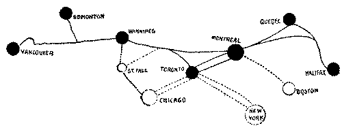 Trade centres of Canada and trunk railway lines.