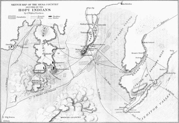 PL. CV—
SKETCH MAP OF THE MESA COUNTRY
OCCUPIED BY THE HOPI INDIANS