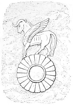 Fig. 141.—Winged bull upon a rosette; from Layard.