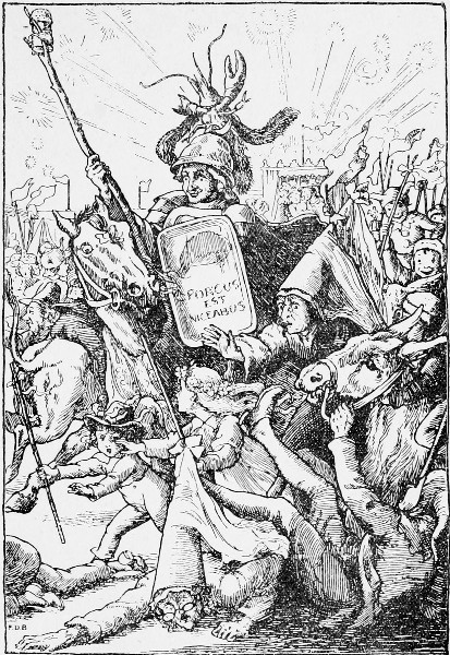 Knights in armour tumbled over their own steeds, donkeys
ran snorting about, ladies shrieked.—Page 295.