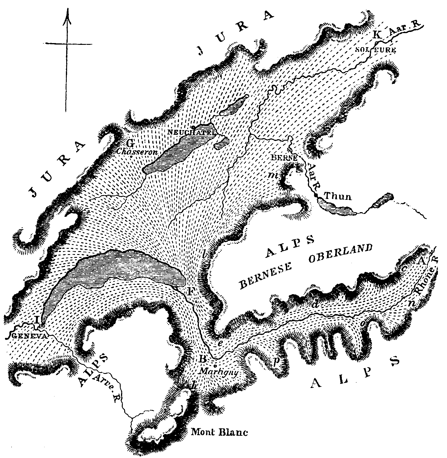 Map showing the course of the ancient glacier of the Rhone and the distribution of erratic blocks on the Jura.