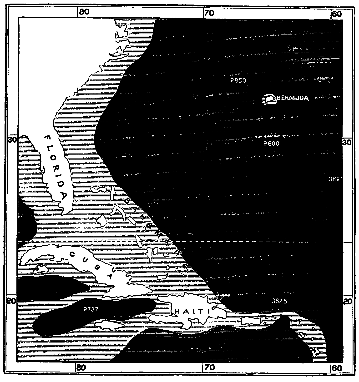 Map of Bermuda and the American coast.