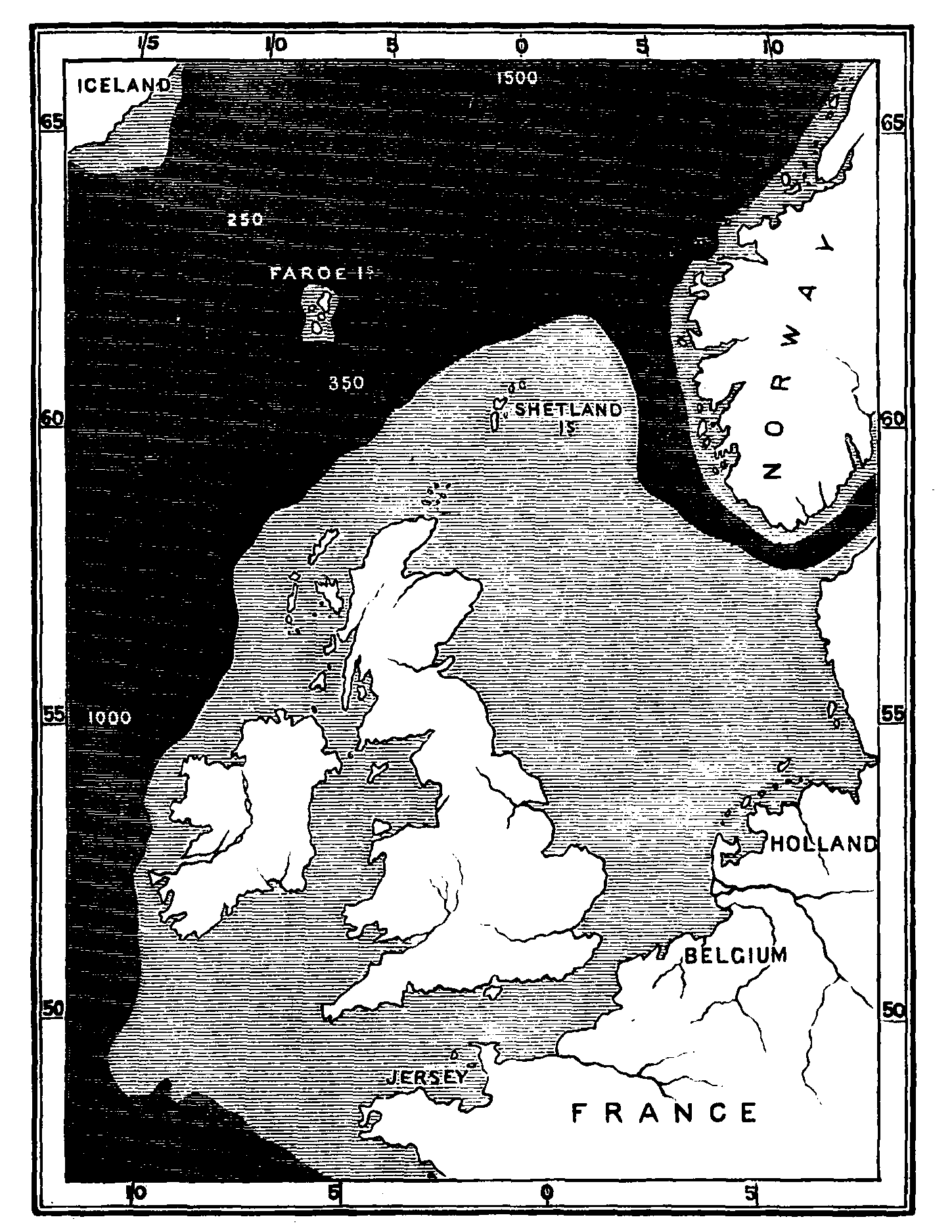 Map showing the shallow bank connecting the British Isles with the Continent.