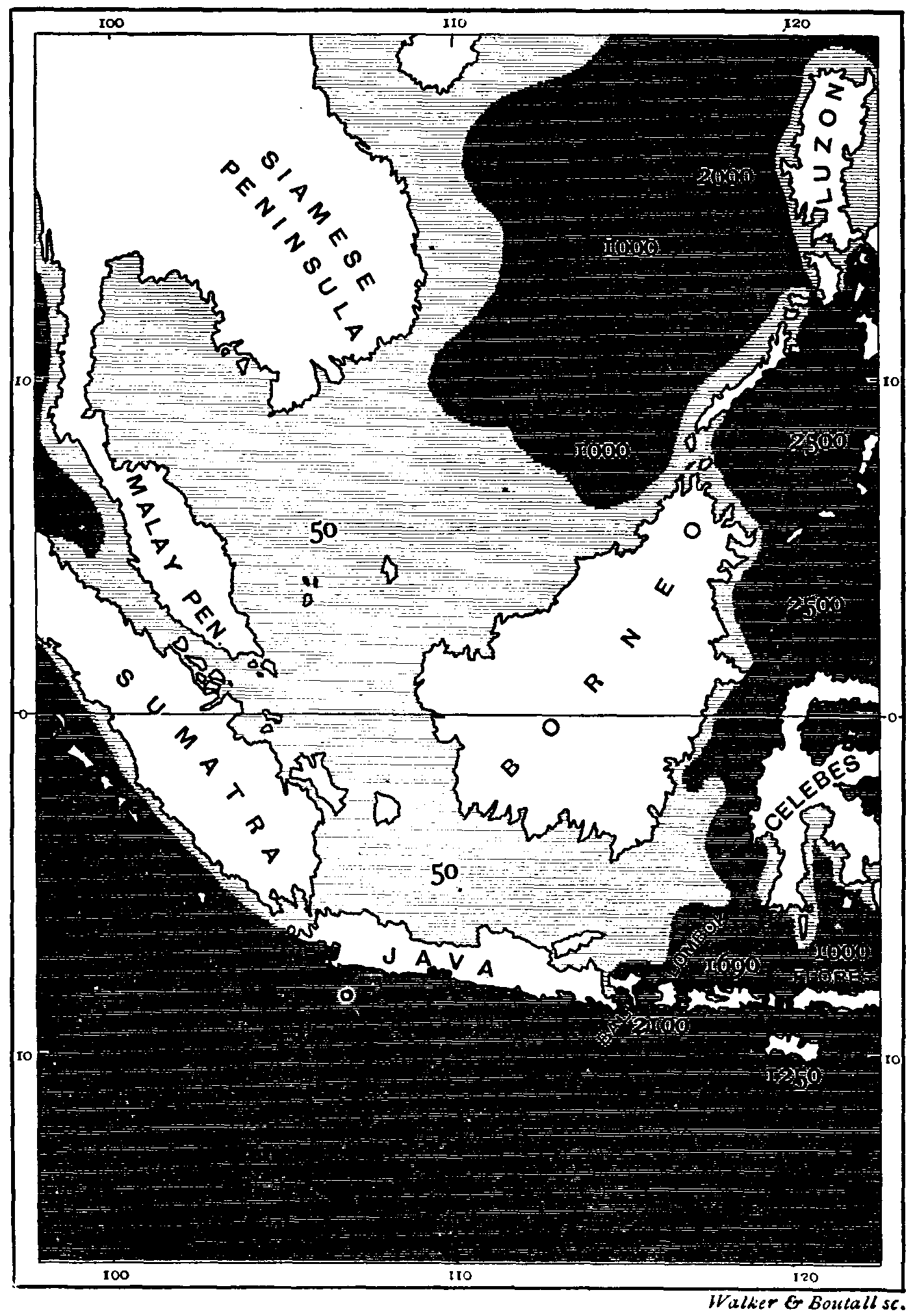 Map of Borneo and Java, showing the great submarine bank of South-eastern Asia.