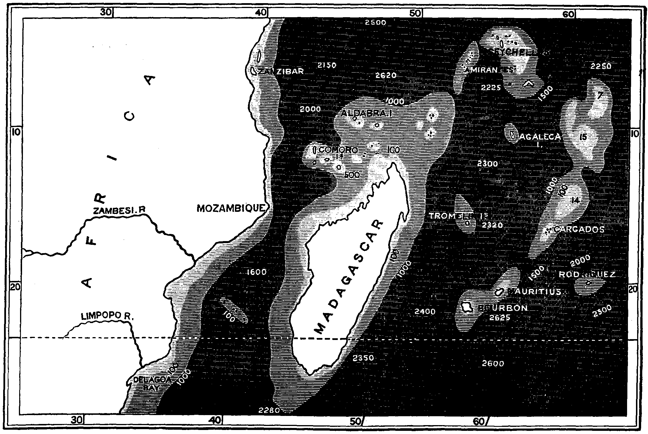 Map of the Madagascar group, showing depths of sea.
