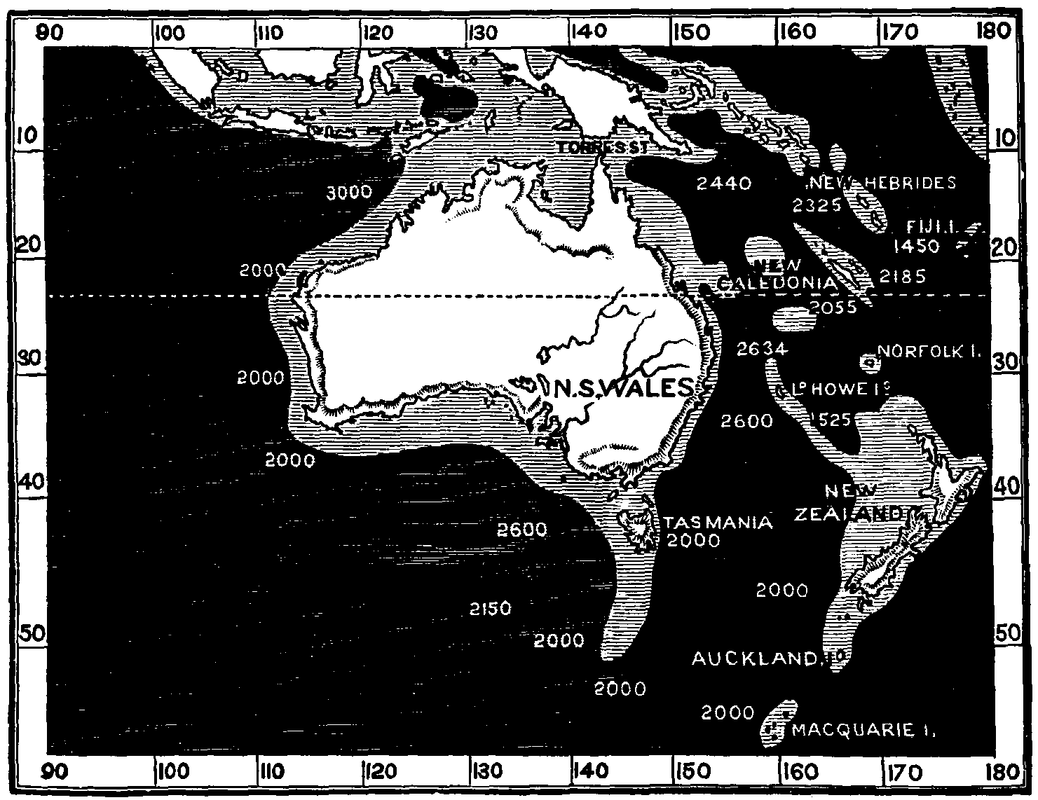  Map showing depths of sea around Australia and New Zealand.