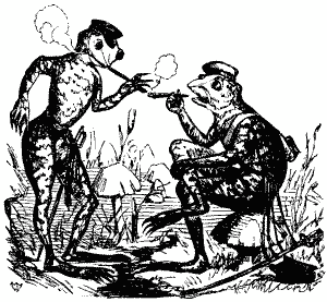 Cartoon-two frogs smoking.