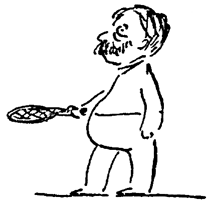 A plumpish, mustachioed man holding a tennis racket.