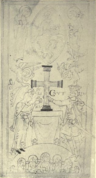 Canute and Emma—(The King and Queen are presenting a
golden cross to Winchester Abbey, New Minster.) From a miniature
reproduced in Liber Vit (Birch).