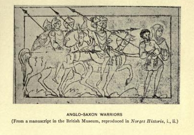 Anglo-Saxon warriors. (From a manuscript in the British
Museum, reproduced in Norges Historie, i., ii.)