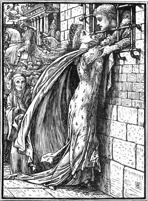 ——and ere they could stop her she had turned her palfrey's
head towards the prison window, and pushed her white arms through the bars
to clasp the Prince."—P. 128.