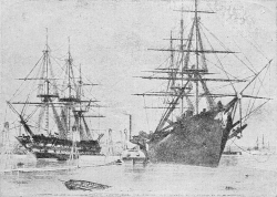 Fig. 15.—Reshipment of the Cable aboard H.M.S. Agamemnon
and U.S.N.S. Niagara in Keyham Basin.