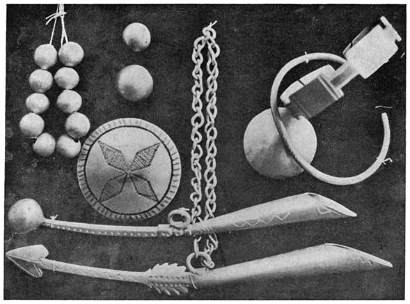 Fig. 18. Silver ornaments. Powder-chargers, hollow beads, buttons, bracelets.