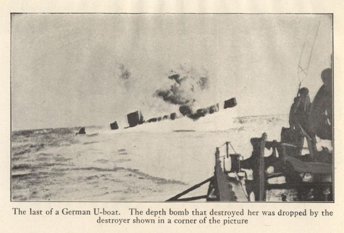 The last of a German U-boat. The depth bomb that destroyed her was dropped by the destroyer shown in a corner of the picture