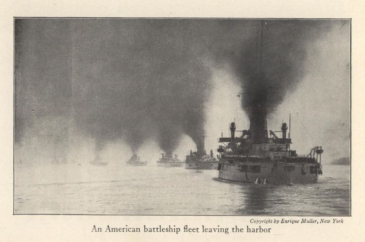 An American battleship fleet leaving the harbor