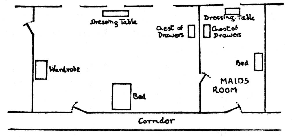 A sketch of the bedroom, adjoining maid's room, and corridor.