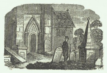 Decorative image of man outside church in graveyard