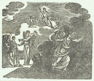 Decorative wood cut with people and angels