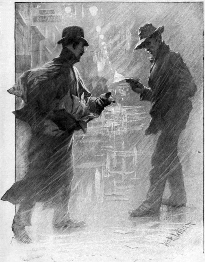 It is raining. A man dressed in worn out clothes accepts a piece of paper from a well dressed man.