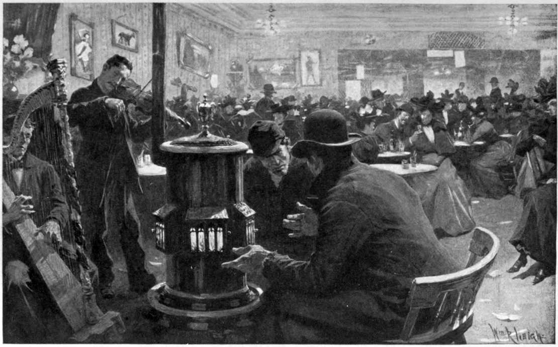 A room full of men and women sitting a tables.
In the foreground there are two musicians and
two men huddled around a heater.