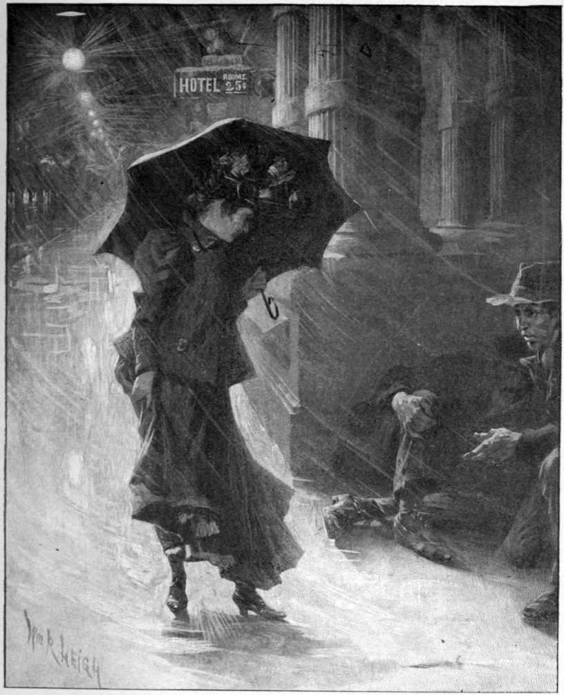It is raining.
  A woman with an umbrella over her head stands in front of men
sitting on the sidewalk.