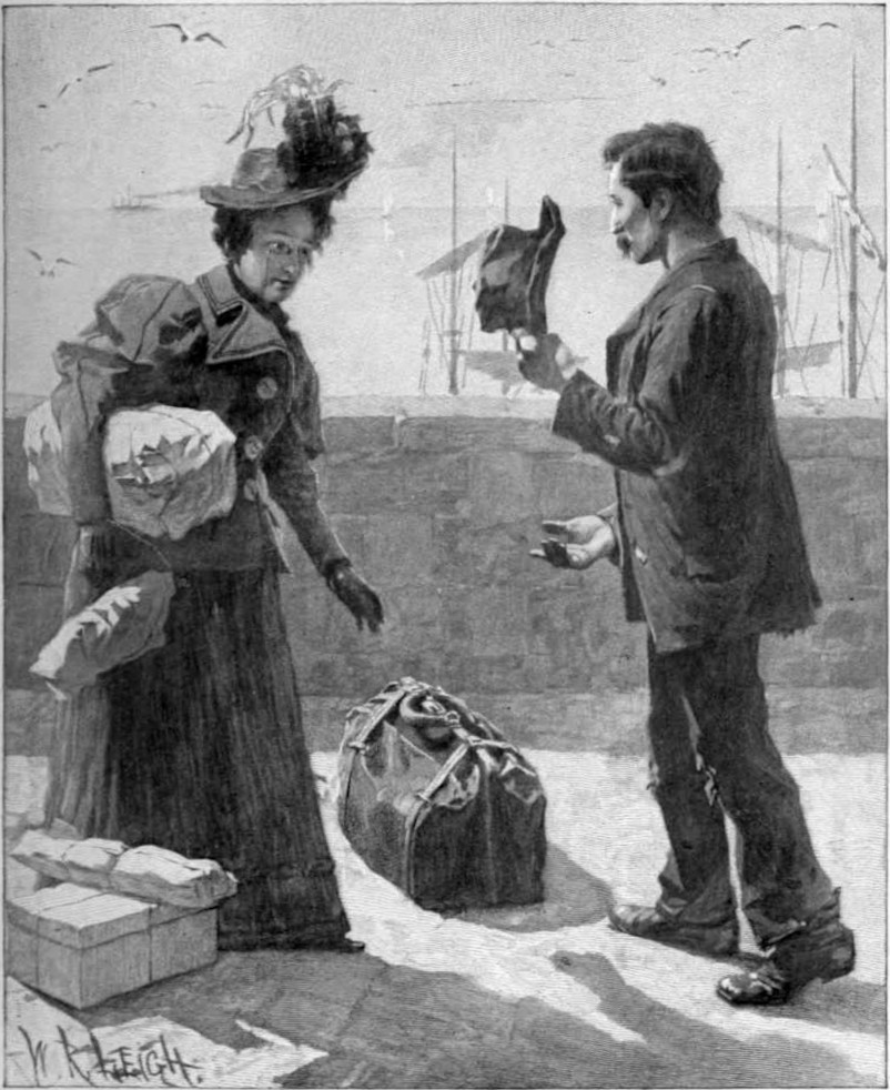 A poorly dressed man is tipping his hat to a well dressed woman
with many packages. A sailing ship is visible in the background.