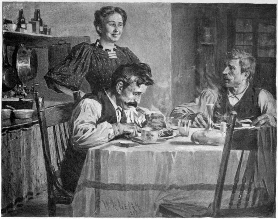 Two men are sitting and eating at a dining room table.
A smiling woman watches over them.