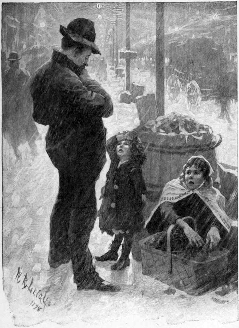 A street scene where it is raining.
An adult man is looking down at two children with a basket.