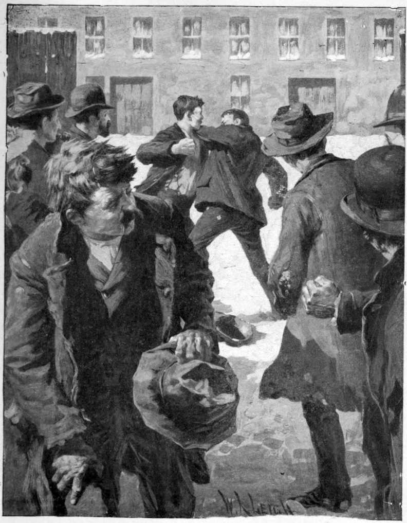 Two men are fighting out of doors while several other men watch on.
They are all shabbily dressed.
