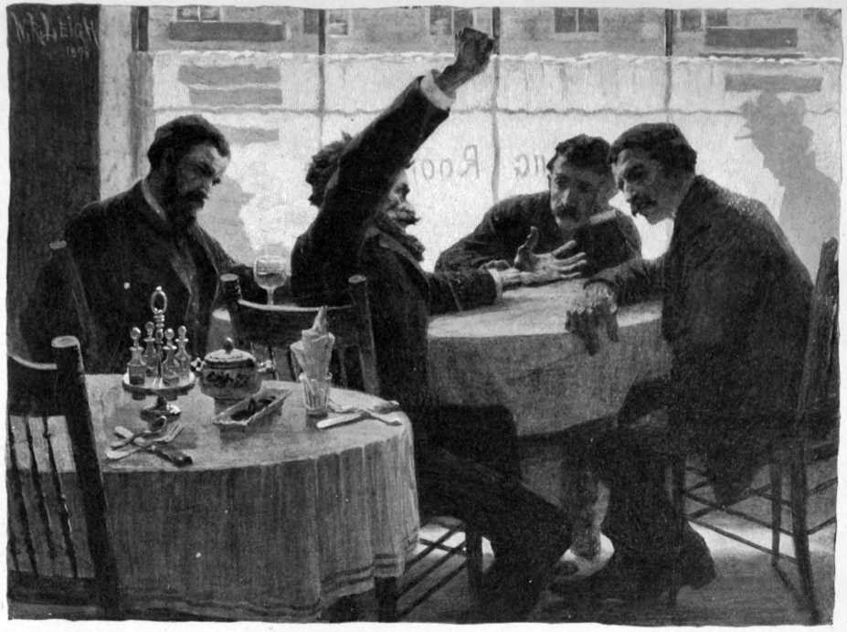 Four men gathered around a table.
One man is expounding to the others.