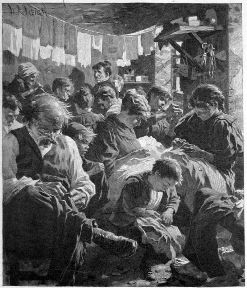 About ten men, women, and children are crowded together in a room.
Most appear to be sewing.