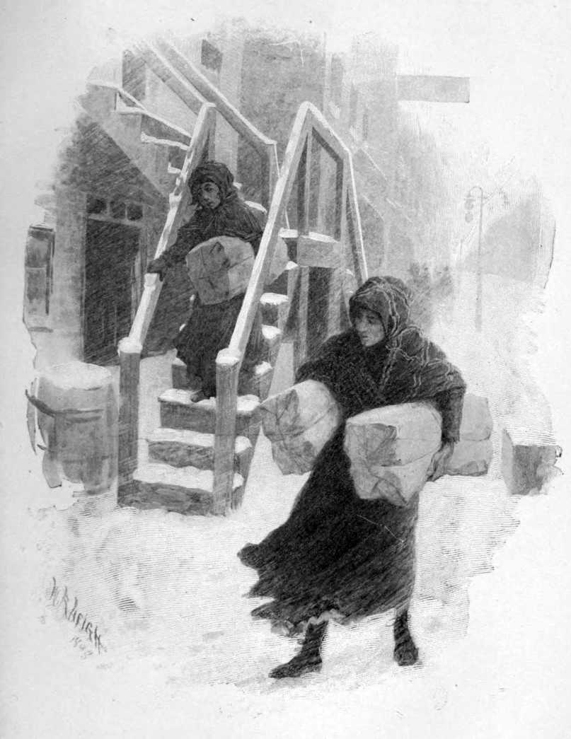 A cold winter scene.
Two women carry large bundles under their arms with
one coming down a set of stairs.
