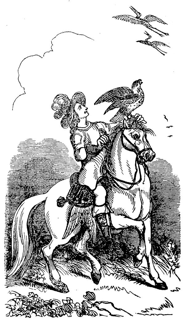 a page on horseback holding a falcon