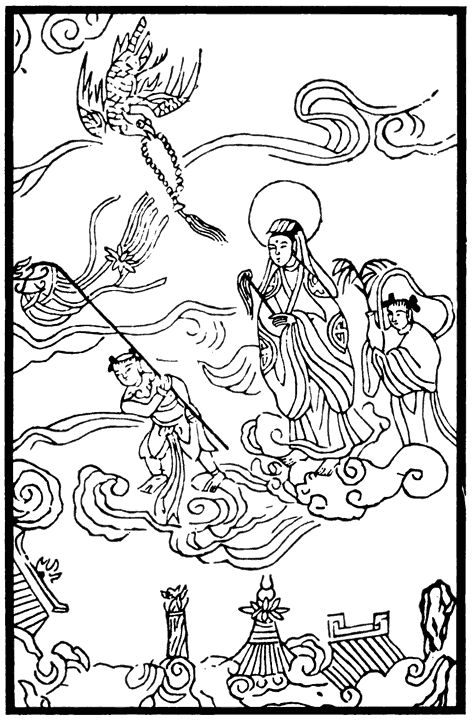 Kwan Yin, zwevende in de wolken, met haar dienaren Kin Tong en Yü Nü.