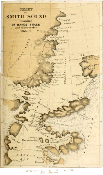 MAP OF SMITH SOUND, SHOWING DR. HAYES' TRACK AND DISCOVERIES
